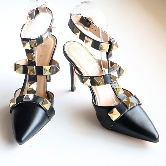 Nicole Miller Selty Black & Gold Pointy Toe Studded Heels / Pumps / Sandals 6.5 - Picture 15 of 16